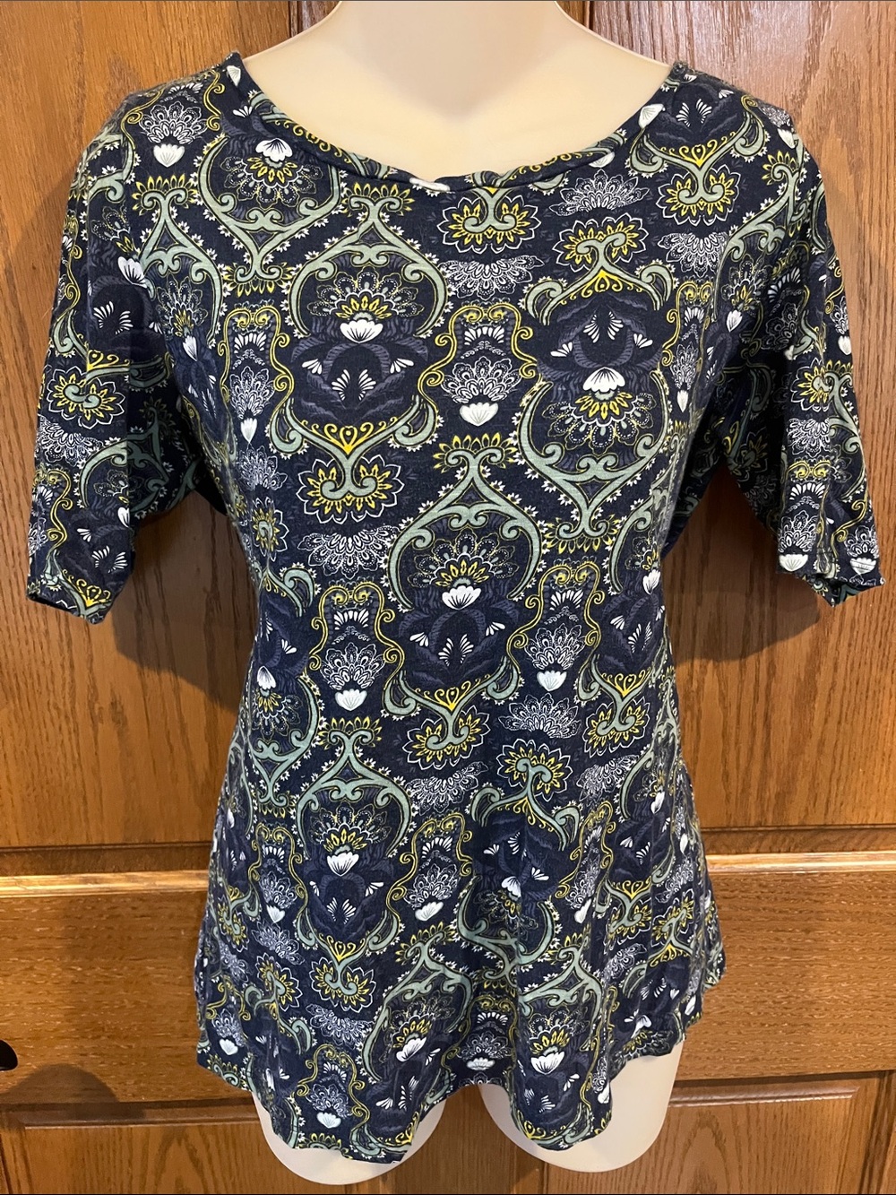 LOFT Navy Paisley Scoop Neck Tee with Green and Yellow Accents